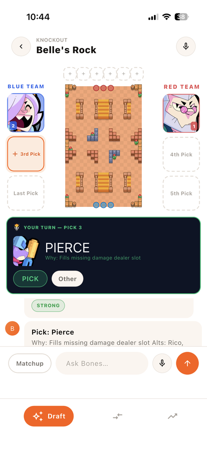 Smart draft suggestions — Echo recommends Pierce on Belle's Rock
